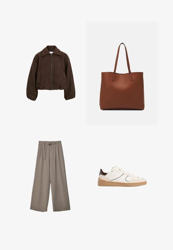 Brązowa polarowa kurtka z zamkiem z przodu, szerokim kołnierzem i elastycznym dołem. Posiada boczne kieszenie i miękkie, teksturowane wykończenie.; Beżowy, krótkie sweter wykonany z miękkiego materiału dzianinowego. Posiada okrągły dekolt, długie rękawy oraz prążkowane mankiety i dół, co dodaje mu tekstury.; Spodnie o szerokich nogawkach w miękkim, stonowanym szarym materiale, z paskiem w talii i plisami dla dodania detali projektowych. Gładka tekstura, bez wzorów.; Stradivarius - Sneakersy niskie; Brązowa skórzana torba tote o gładkiej fakturze, z otwartym wierzchem i dwoma ramiączkami. Charakteryzuje się minimalnym przeszyciem i brakiem widocznych elementów metalowych.