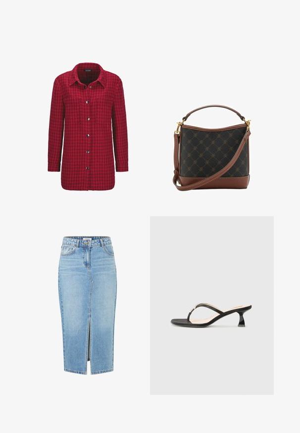 Rote karierte Flanelljacke mit langen Ärmeln, Knopfleiste, zwei Brusttaschen und schwarzen Knöpfen. Strukturiertes Gewebe.; Weißes, trägerloses Top mit geraffter Textur in der Mitte, glatten Kanten und einem verdeckten seitlichen Reißverschluss. Weiches Material, figurbetonte Silhouette.; Hellblaues Denim-Minirock mit geradem Schnitt, Schlitz vorne, Gürtelschlaufen und Knopfverschluss oben. Verfügt über klassische Nähte und Taschen.; Nodaleto DONA - Pantolette hoch - black; Schwarz gemusterte Stoffhandtasche mit braunen Lederakzenten. Verfügt über eine strukturierte Form, einen kurzen Griff und einen verstellbaren Schulterriemen. Mit goldenen Beschlägen.; Goldene Creolen mit vier miteinander verbundenen kreisförmigen Formen in unterschiedlichen Größen, mit polierter Oberfläche und einfacher Post-Befestigung.