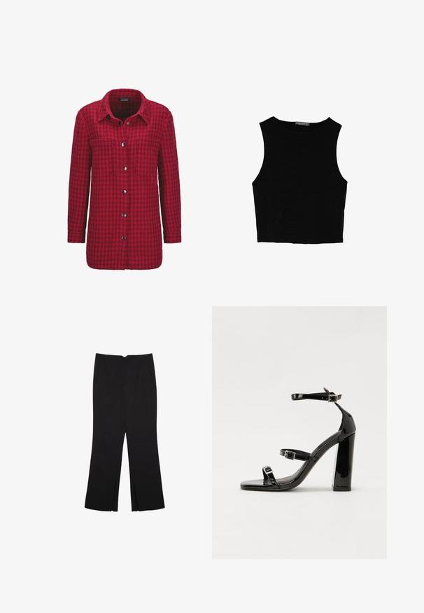 Rote karierte Flanelljacke mit langen Ärmeln, Knopfleiste, zwei Brusttaschen und schwarzen Knöpfen. Strukturiertes Gewebe.; Schwarzes ärmelloses Crop-Top aus glattem Stoff, mit rundem Ausschnitt und einem klaren, schlichten Design ohne Muster oder Beschläge.; Schwarze Hose mit geradem Schnitt, ausgestattet mit Fronttaschen und Seitenschlitzen am Saum. Hergestellt aus weichem, glattem Stoff. Geeignet für verschiedene Anlässe.; Schwarze patentierte Sandalen mit Absatz, quadratischer Spitze, Knöchelriemen und silbernen Schnallen. Mit einem stabilen Blockabsatz für mehr Stabilität.