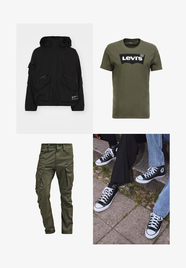 Mustat vedenpitävät takki, jossa on korkea kaulus, useita vetoketjullisia taskuja sekä säädettävät nyörit hupussa ja helman kohdalla.; Oliivinvihreä puuvillapaidan t-paita, jossa on suuri musta Levi's-logo edessä. Klassinen pyöreä kaula-aukko ja lyhyet hihat, sileä tekstuuri.; Vihreät kangashousut, jotka on valmistettu kestävästä puuvillasta. Ominaisuuksiin kuuluvat useat taskut, vetoketjulla varustettu sivutasku sekä kapenevat lahkeet, joissa on hieman teksturoitu pinta.; Mustat korkeat kangaslenkkarit, joissa on valkoiset kumipohjat ja nauhat, sivussa on pyöreä logo, ja ne on yhdistetty farkkuihin ja mustiin housuihin.