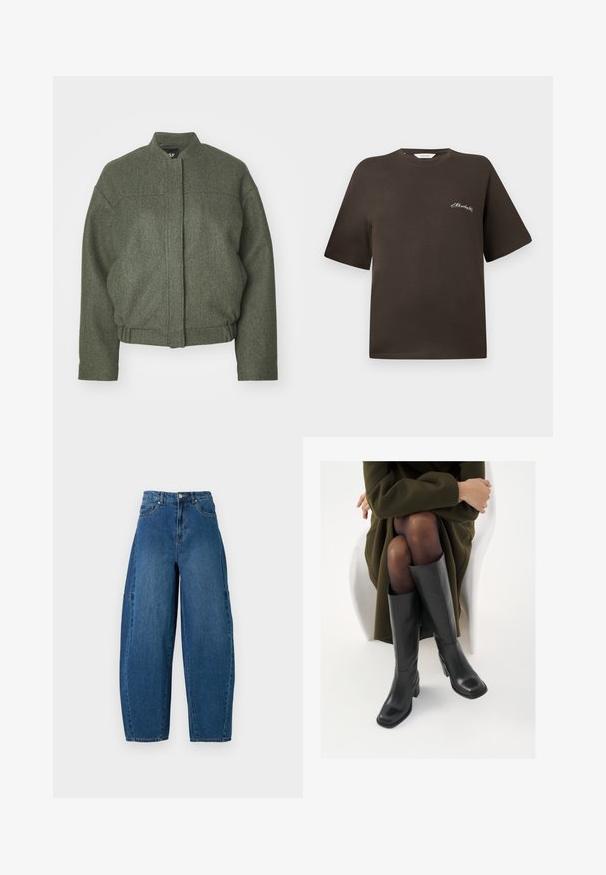 Grønn ullblanding jakke med ståkrage, bokser fit, kort hem og to frontlommer. Teksturt stoff med minimale sømdetaljer.; Brun bomull t-skjorte med korte ermer, avslappet passform, rund hals, med liten hvit brodert tekst på venstre bryst.; Denimjeans i en middels blå vask, med høy midje, vide ben og standard fem-roms design med synlige sømdetaljer.; Knæhøye sorte lærstøvler med firkantet tå og blokkhelt, vist med en modell som sitter iført en olivengrønn kåpe. Glatt tekstur, minimal detaljering.