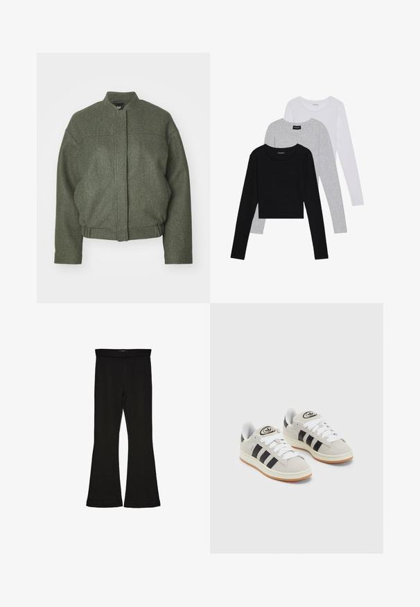 Chaqueta de mezcla de lana verde con cuello alzado, corte amplio, bajo cortado y dos bolsillos frontales. Tejido texturizado con detalles de costura mínimos.; Tres camisetas de manga larga apiladas: negra, gris y blanca. Cada una tiene un escote redondo y un diseño recortado con una tela suave y ligera.; Leggings negros de campana hechos de una tela elástica. Con una cinturilla ancha y una textura suave, presentan una silueta ajustada que se ensancha en el dobladillo.; Zapatillas de ante gris con cordones blancos, rayas negras y suela de goma blanca. Presentan un logo circular en la lengüeta y una suela de goma.