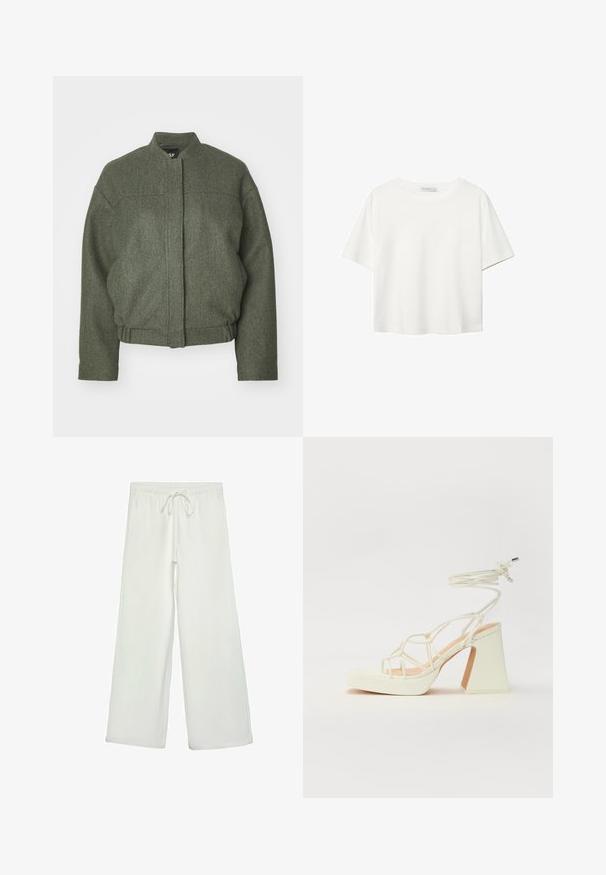 Grøn uldblandingsjakke med opretstående krave, boxy fit, cropped kant og to frontlommer. Tekstureret stof med minimale syninger.; Hvid kortærmet t-shirt lavet af bomuld. Har en rund halsudskæring og en afslappet pasform. Glat tekstur uden synlige mønstre eller detaljer.; Hvide bukser med bred ejer lavet af blødt stof. Har en elastisk talje med snor og en glat tekstur. Ingen synlige mønstre eller hardware.; Hvide højhælede sandaler med en kraftig hæl, der har et stropdesign og ankelbinding. Glat tekstur med en platform foran for ekstra højde.