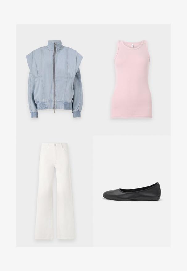 Vaaleansininen farkkutakki, jossa on korkea kaulus, vetoketju ja leveät olkapäät. Ominaisuuksiin kuuluvat kerätyt hihansuut ja smokattu vyötärö, jotka antavat räätälöidyn istuvuuden.; Vaaleanpunainen tanktoppi, joka on valmistettu pehmeästä ja joustavasta kankaasta. Siinä on pyöreä pääntie ja kapeat olkaimet, sekä sileä pinta ja tyköistuva muoto.; Valkoiset, korkeavyötäröiset ja leveälahkeiset farkut, jotka on valmistettu denimkankaasta. Ominaisuuksiin kuuluu napp closure, kaksi etutaskua ja sivusaumojen ompeluyksityiskohdat.; Musta nahkainen ballerina, jossa on pyöristetty kärki, sileä pinta, minimaalinen ommelkoristelu ja joustava pohjamuotoilu.