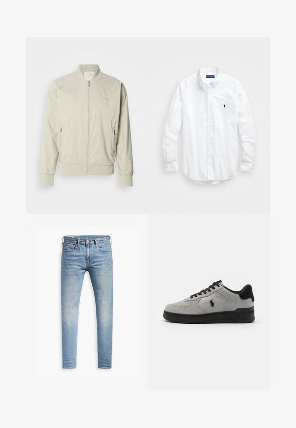 Ελαφρύ μπεζ bomber μπουφάν φτιαγμένο από λεία, ελαφριά ύλη. Διαθέτει φερμουάρ μπροστά, ραμένες μανσέτες και πλάγιες τσέπες. Διακριτική λεπτομέρεια λογότυπου.; Λευκό πουκάμισο μακριά μανίκια με κουμπιά από βαμβάκι. Διαθέτει κλασικό γιακά, κουμπιά στα μανίκια και μικρό ναυτικό κεντημένο λογότυπο στο στήθος.; Μαύρο oversized T-shirt με σκούρο γκρι κείμενο «ALLSAINTS» στο στήθος και «LONDON» σε μικρότερα γράμματα από κάτω.; Ανοιχτό μπλε τζιν σε στενή γραμμή, με ελαφριά φθορά στους μηρούς, κλείσιμο με κουμπί μπροστά, βρόχους ζώνης και πέντε τσέπες, σε λευκό φόντο.; Γκρι σουέτ αθλητικά παπούτσια με μαύρες λεπτομέρειες, διαθέτοντας πλάγιο πάνελ από υφασμάτινο υλικό με υφή, στρογγυλή μύτη και μαύρη καουτσούκ σόλα. Λογότυπο κεντημένο στο πλάι.