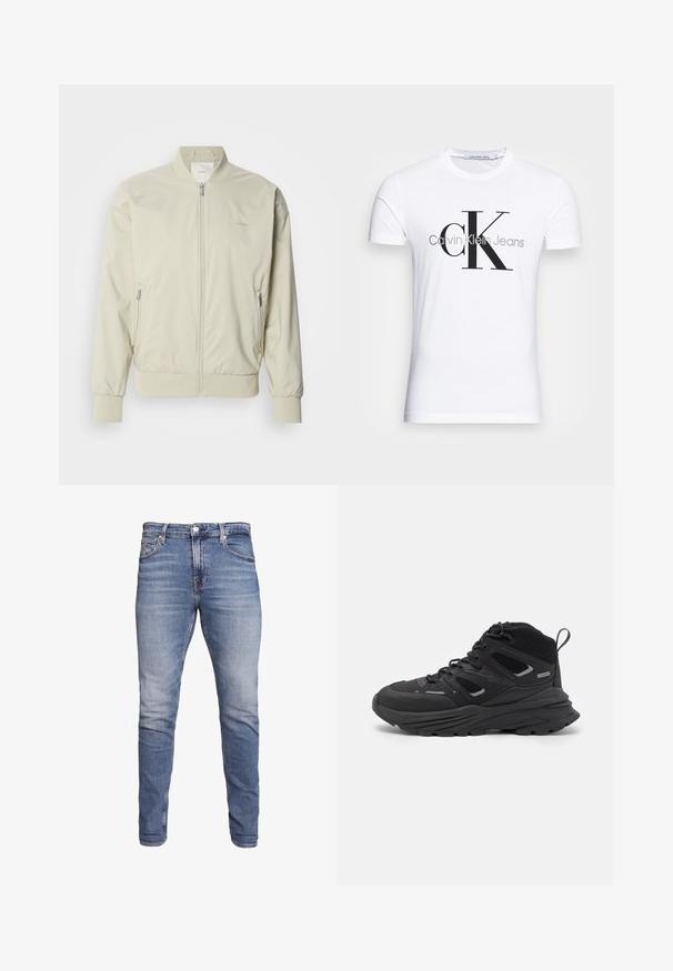 Hellbeige Bomberjacke aus glattem, leichtem Material. Mit Reißverschluss vorne, gerippten Bündchen und seitlichen Taschen. Subtile Logodetails.; Weißes Baumwoll-T-Shirt mit schwarzem "CK"-Logo und dem Text "Calvin Klein Jeans", kurzen Ärmeln und einem klassischen Rundhalsausschnitt.; Blaue Slim-Fit-Jeans mit fünf Taschen, ausgeblichenem Stoff, Knopfverschluss und Gürtelschlaufen, vor einem weißen Hintergrund präsentiert.; Schwarze Wanderschuhe mit einem geschichteten Design, strukturiertem Stoff und Gummisohle, verstärkten Bereichen und Schnürung vorne.