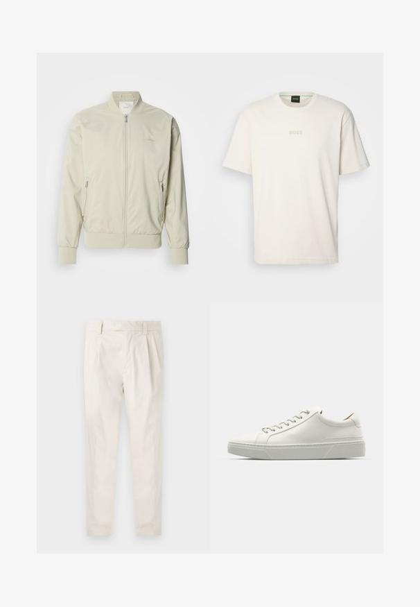 Heled beige bomber-jakk, mis on valmistatud siledast ja kergest materjalist. Omab lukk eest, soonikvarrukaid ja küljetaskuid. Diskreetne logo detail.; BOSS TEE - Lihtne T-särk - open white; Valged volditud püksid, mis on kohandatud sobivusega, sujuva tekstuuriga, vööloopidega ja kitsenevate jalgadega. Pole nähtavaid taskuid ega mustreid.; Valge nahast tennis, millel on ümmargune varvas, minimalistlik disain, hallad paelad ja tekstureeritud hall kummitald. Näha on peeneid õmblusdetailide.