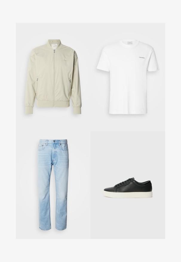 Ljus beige bomberjacka gjord av ett mjukt och lätt material. Har dragkedja fram, ribbade manschetter och sidofickor. Subtil logotypdetalj.; Vit bomull T-shirt med korta ärmar och rundad halsringning. Har en liten svart "Calvin Klein"-logotyp på vänster bröst.; Ljusblå denimjeans med rak benprofil, som har blekta sektioner, femficksdesign och en klassisk knäppning.; Svarta lädersneakers med perforerad textur, rund tå och platt vit gummisula. Har svarta snören och en diskret logotyp på sidan.