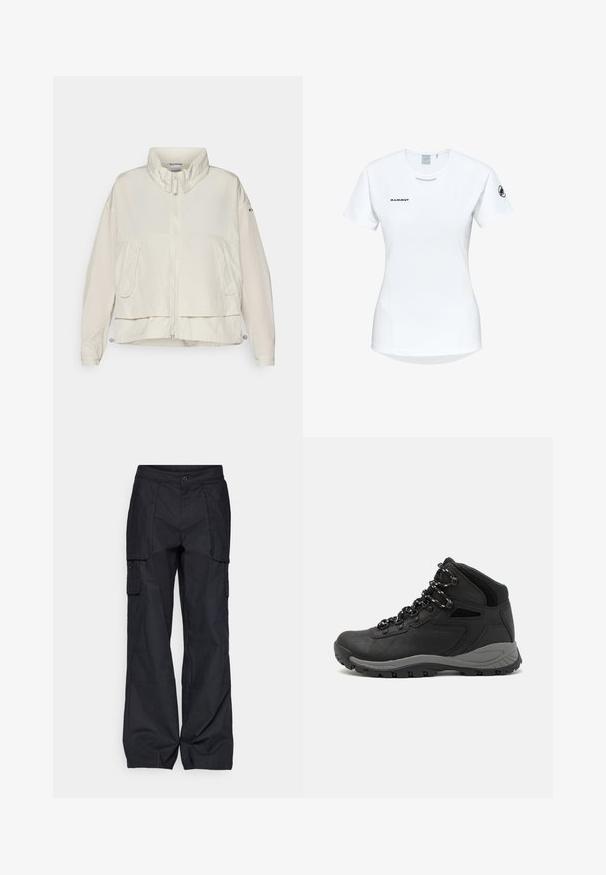 Columbia PARACUTIE™ - Windbreaker - dark stone; Kurzärmliges weißes Sportshirt mit Rundhalsausschnitt, das ein Logo auf der Brust und eine glatte, leichte Stofftextur aufweist.; Columbia BREA FALLS™ COTTON RIPSTOP PANT - Outdoor-Hose - black; Schwarzer Wanderstiefel mit einem mittelhohen Design, ausgestattet mit einer strukturierten Oberfläche, grauen Akzenten und einer robusten Gummisohle mit Profilstollen.