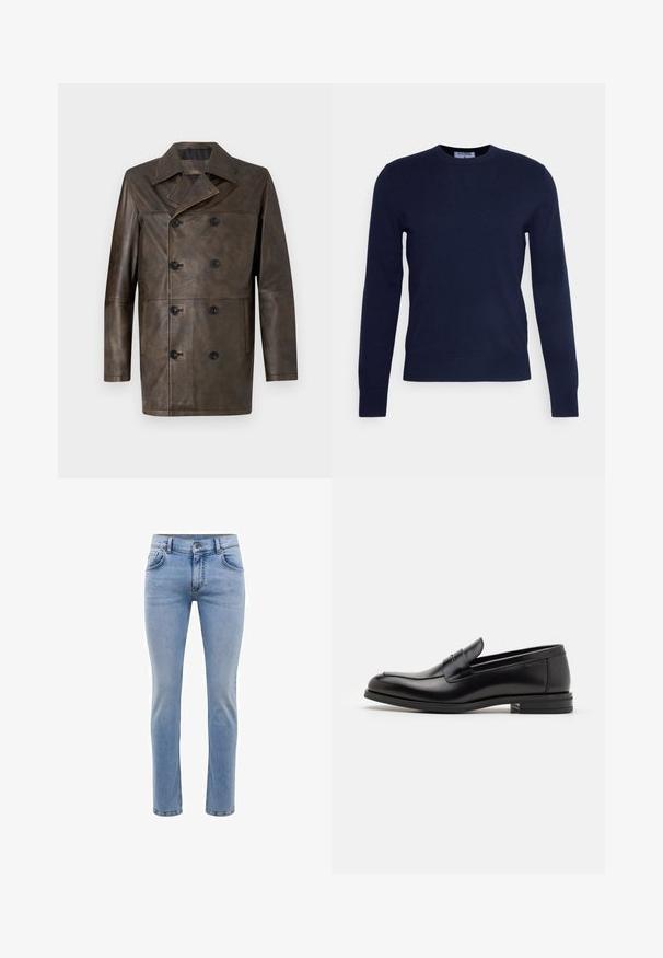 Hnědý kožený kabát s dvojitým zapínáním, širokým límcem, velkými černými knoflíky a rovnými liniemi. Hladká textura s minimálním zdobením.; Námorně modrý svetr s výstřihem do kulata vyrobený z měkké tkaniny, má dlouhé rukávy a žebrovaný lem. Žádné viditelné vzory ani ozdoby.; Svetle modré džíny z denimu s úzkým střihem, pět kapsami a rovnými nohavicemi. Obsahují zip a poutka na opasek. Měkká textura.; Černé kožené polobotky s hladkou texturou, zaoblenou špičkou a zdobným páskem přes nárt. Nízký stohovaný podpatek, minimalistický design.