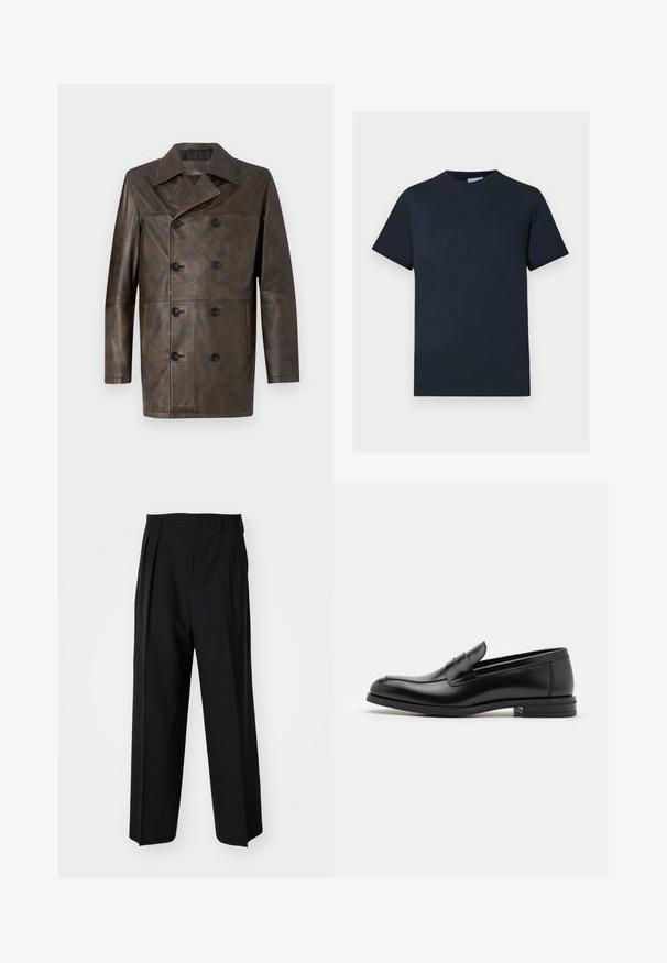Barna bőr, dupla bundás kabát széles gallérral, nagy fekete gombokkal és egyenes szabással. Simább textúra minimális részletezéssel.; Tengerészkék pamut póló, rövid ujjú, kerek nyakkivágással, a mellkasán egy világosabb árnyalatú, texturált logó dizájnnal.; Fekete, pliszírozott nadrág, egyenes, széles lábakkal. Sima anyagból készült, gombos záródással és övhurkokkal rendelkezik.; Fekete bőr loaferek sima textúrával, kerek orral és dekoratív pánttal a vampnál. Alacsony, rétegelt sarkú, minimalista dizájn.