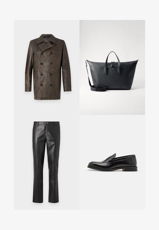 Brown leather double-breasted coat featuring a broad collar, large black buttons, and a straight cut. Smooth texture with minimal detailing.; White long-sleeve thermal top with a ribbed texture, crew neck, and banded cuffs. Clean design with no patterns or additional accents.; Black leather pants with a smooth texture, straight-leg design, and subtle stitching along the seams. Features a button closure at the waist.; Black leather loafers with a smooth texture, rounded toe, and a decorative strap across the vamp. Low stacked heel, minimalist design.; Lancel CHARLIE UNISEX - Briefcase - black