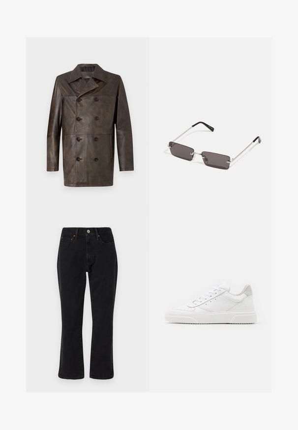 Brūns ādas dubultdzīvokļa mētelis ar plašu apkakli, lieliem melniem pogām un taisnu griezumu. Gluda tekstūra ar minimālu noformējumu.; Balta kokvilnas T-kreklu ar īsām piedurknēm, apaļu kakla izgriezumu un sarkanu grafisku tekstu "GARDI ATSPIRDZINOŠI AUGĻI" priekšpusē.; Melnu denim džinsi ar taisnām kājām, piecu kabatu stilu un metāla detaļām ar varšos akcentiem. Gluda tekstūra un vidēja augstuma.; Baltie ādas sporta apavi ar gludu virsmu, noapaļotu purngalu, plakaniem šņorēm un reljefa zoli. Pelēks zamšādas akcenti pie papēža.; Saulesbrilles ar taisnstūra formas, tumši pelēkiem stikliem, sudraba metāla rāmjiem un melnām plastikāta galviņām uz kājiņām. Viegls dizains ar deguna spilventiņiem.