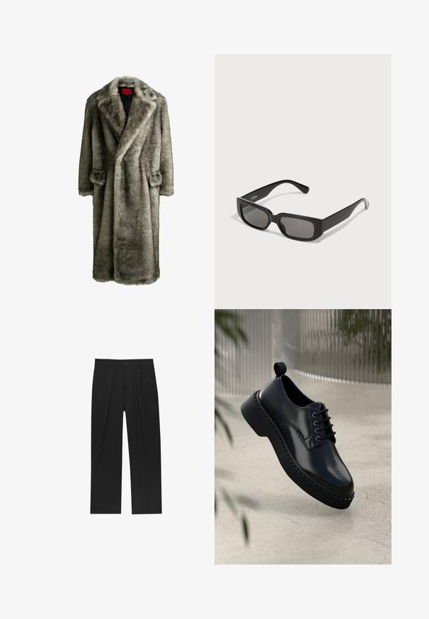 HUGO Klasični plašč - grey four; Pak petih črnih majic s kratkimi rokavi in ovratnikom v obliki črke crew. Iz bombažne tkanine, standardni kroj. Gladka tekstura brez vidnih vzorcev ali okraskov.; Črne hlače z ravnim krojem, narejene iz gladkega materiala. Imajo sprednje gube in enojno zaponko na pasu.; Črne usnjene čevlje z zaobljenim prstom, vezalnim dizajnom in debelim gumijastim podplatom, ki ima teksturiran rob. Eleganten videz in minimalno kovinsko okovje.; Črne pravokotne sončne očala z sivo obarvanimi lečami, izdelana iz gladke plastike. Imajo minimalističen dizajn z ravnimi ročaji in subtilnim znamčenjem.; Črna usnjena torba za sporočila s srebrnimi sponkami, rumenim šivom, nastavljivim trakom in sprednjim žepom. Blagovna znamka je prikazana na sprednji strani.