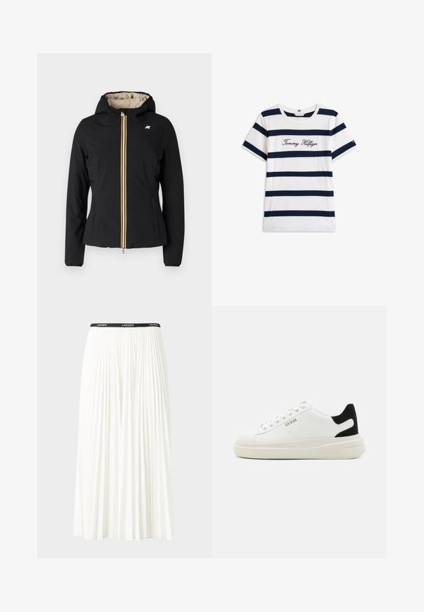K-Way REVERSIBLE WARM DOUBLE - Lengva striukė - black/beige; Baltos medvilninės marškinėliai su horizontaliomis tamsiai mėlynomis juostelėmis. Ant krūtinės išsiuvinėtas „Tommy Hilfiger“ rašmuo. Apvalus iškirpimas.; Pleated balta sijonas su juodu elastiniu juosmeniu, ant kurio yra "LACOSTE" logotipas. Vidutinio ilgio dizainas su švelnia tekstūra.; Baltos odinės sportbačiai su storu baltu padu, juodu nubuko kulno akcentu ir iškilmingu logotipu šone. Su raišteliais, turinčiais šešis akinius.