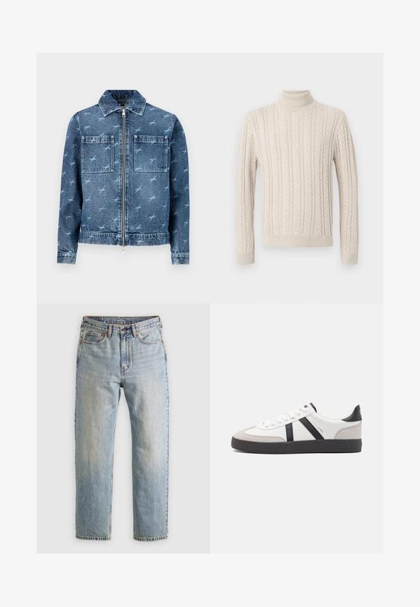 Veste en denim bleu clair avec un motif de petits oiseaux. Dispose d'une fermeture éclair à l'avant, de deux poches poitrine et d'un col classique.; Pull en tricot beige avec un col roulé haut et côtelé. Présente un motif en maille torsadée texturé et des poignets et ourlet côtelés, offrant une apparence chaleureuse.; Jean en denim bleu clair à taille haute, avec bouton avant, fermeture éclair et design à cinq poches, posé à plat sur un fond neutre.; Baskets blanches avec des accents noirs et gris, présentant un embout texturé gris, une semelle en caoutchouc noir et des lacets plats blancs. Design épuré, style minimaliste.