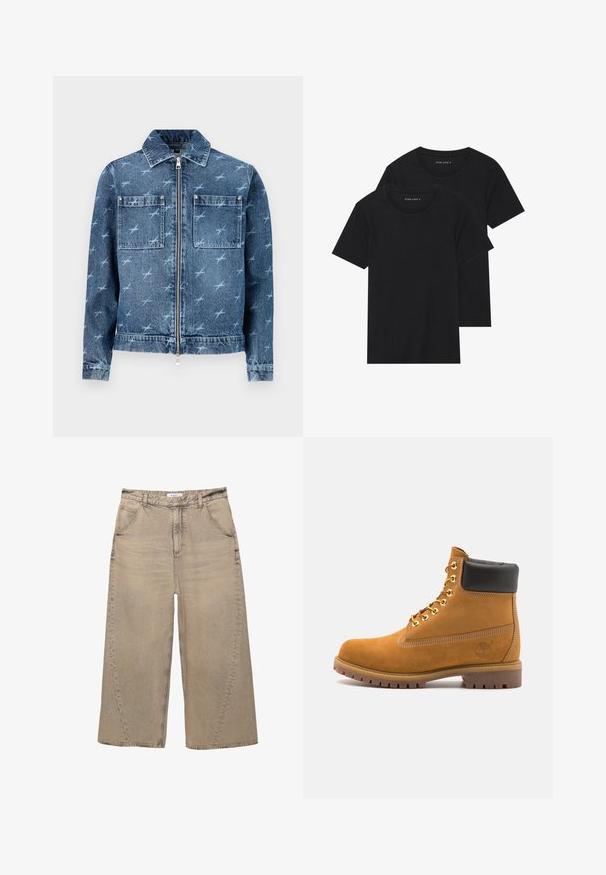 Giubbotto di jeans in blu chiaro con un motivo di piccoli uccelli. Presenta una chiusura con zip, due tasche sul petto e un colletto classico.; Due magliette nere di cotone a maniche corte, con scollatura rotonda e una texture liscia, esposte impilate insieme.; PULL&BEAR MEGA BAGGY - Jeans baggy - light grey; Stivale alla caviglia in suede tan con collare imbottito nero, occhielli in metallo dorato, dettagli in cucitura bianca e suola in gomma robusta con battistrada pronunciato.