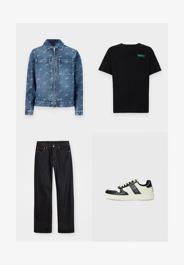 Gaiši zilā džinsa jaka ar mazu putnu rakstu. Iekļauj rāvējslēdzēja priekšu, divas krūšu kabatas un klasisku apkakli.; Melna kokvilnas t-kreka ar īsām piedurknēm. Uz priekšu ir zaļa "ROOTS" logo, apaļa kakla izgriezums un standarta piegriezums.; Vīriešu taisno kāju melnie džinsi ar piecām kabatām un oranžu izšuvumu, ar pogu un zipa aizdari priekšējā jostas daļā.; Ādas sporta apavi ar melnbaltu krāsu shēmu, ar perforētiem akcentiem, mīkstinātu apkakli un teksturētu zoli.