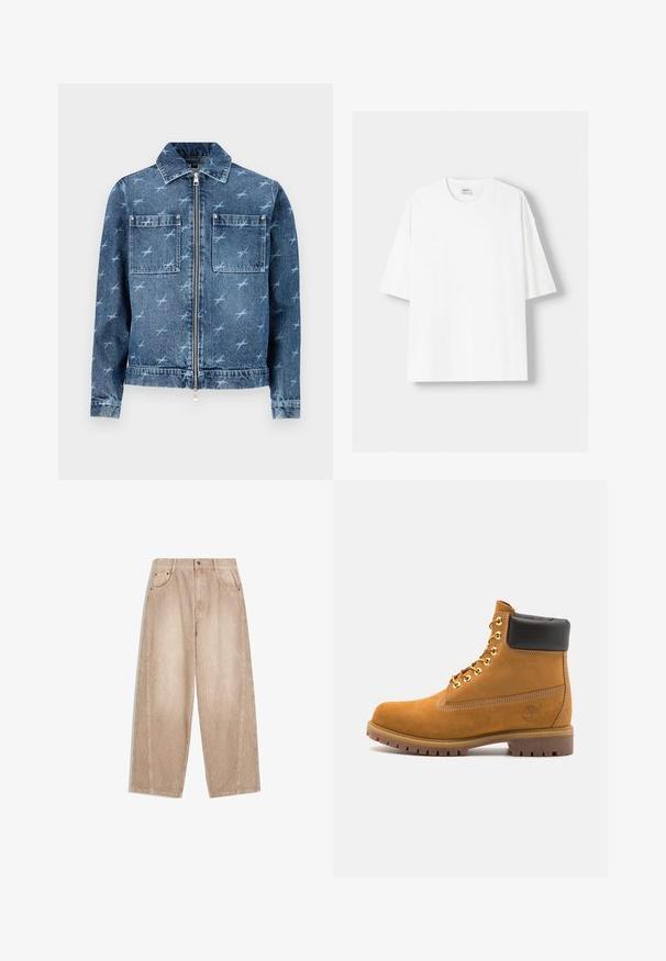 Lättblå denimjacka med ett mönster av små fåglar. Har dragkedja fram, två bröstfickor och klassisk krage.; Vit t-shirt med kort ärm, tillverkad av bomull, med rund halsringning och en avslappnad passform. Slät yta utan synliga mönster eller detaljer.; Beige manchestervidbyxor med vertikala ribbor, utrustade med framfickor, bälteshällor och en zip-fly med knappstängning.; Tan mockasins ankelstövlar med svart vadderad krage, guldmetallöglor, vit sömdekor och slitstöt gummisula med utmärkta mönster.