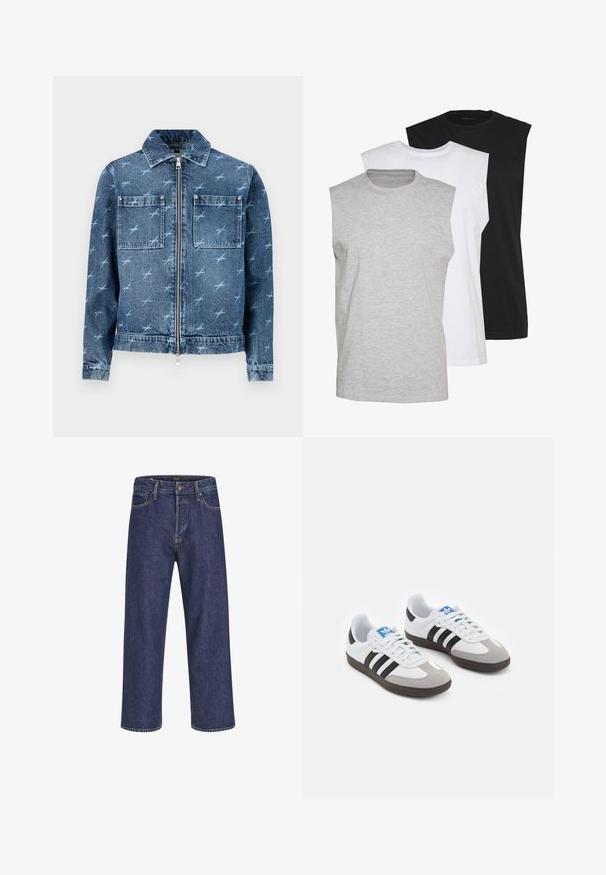 Traper jakna svijetloplave boje s uzorkom malih ptica. Ima prednji zip, dvije džepove na prsima i klasični ovratnik.; Trii bezrukavnih majica u sivoj, bijeloj i crnoj boji. Mekani pamučni materijal s okruglim izrezom i opuštenim krojem. Jednostavan dizajn, bez uzoraka.; Tamno plave traperice s ravnim krojem, dizajnom s pet džepova, metalnim kopčanjem i kontrastnim šavovima, koje imaju suptilnu teksturu.; Sportske cipele s gornjištem od bijele kože, sivi suedinasti nos i tri crne pruge. Imaju plavi logo na jeziku i teksturiranu gumenu podlogu.