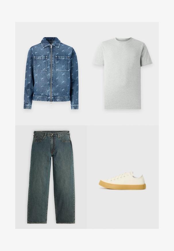 Vaaleansininen farkkutakki, jossa on pienten lintujen kuvio. Ominaisuuksiin kuuluu vetoketjukiinnitys, kaksi rintataskua ja klassinen kaulus.; Yksinkertainen vaalea harmaa lyhythihainen t-paita, jossa pyöreä kaula-aukko, esitetty valkoista taustaa vasten, edestä katsottuna ilman näkyviä logoja tai kuvioita.; Tummansiniset suorat farkut, joissa on nappi- ja vetskarisuljenta, etutaskut ja vyölenkit vaaleansinisellä taustalla.; Kankava sneakers vaaleassa valkoisessa, pyöreällä varvalla, jossa on beiget kumipohjat ja viisi reikää nauhoille, teksturoitu pinta ylemmässä osassa.