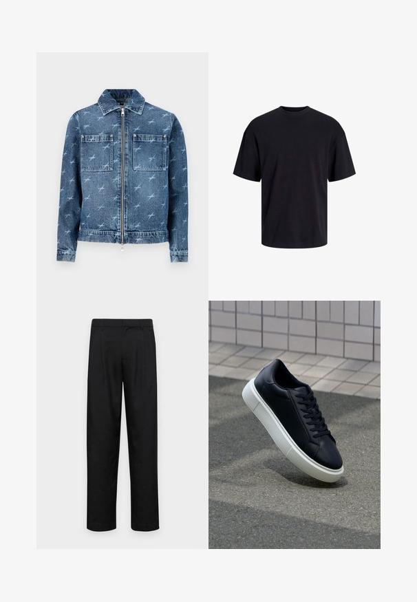 Lys blå denimjakke med et mønster av små fugler. Har glidelås foran, to brystlommer og klassisk krage.; Svart bomull t-skjorte med rund hals, korte ermer og en avslappet passform. Glatt tekstur uten synlige mønstre eller detaljer.; Sorte bukser laget av glatt stoff, med rette ben, to frontfoldninger og standard liv med beltehemper.; Sorte skinnsneakers med rund tå og hvit gummisåle. Har flate lisser og minimal søm på overdelen. Strukturert såle for grep.