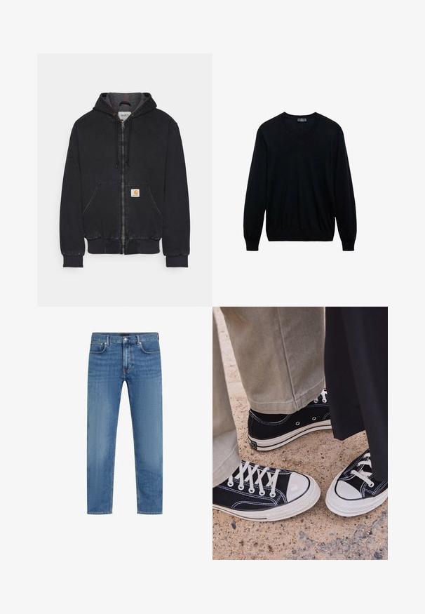 Črna kapuca jakna iz denima, s sprednjim zadrgo, dvema stranskima žepoma, ribanim manšetama in robom ter logo nalepko na levem žepu.; Črn pulover z dolgimi rokavi in V-izrezom, z rebrastimi manšeti in robom, prikazan na belem ozadju.; Modre naravne jeans hlače ravno krojene s petimi žepi, gumbom in zadrgo, ter subtilnim bledenjem na stegnih.; Črne platnene superge z belimi gumijastimi kapicami in vezalkami. Kontrastno šivanje in kovinski ježki dodajajo detajle. Obute z bež hlačami in črno tkanino.