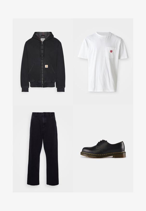 Jachetă neagră cu glugă, din denim, cu fermoar frontal, două buzunare laterale, manșete și tiv ribbate și un patch cu logo pe buzunarul din stânga.; Tricou alb din bumbac, cu guler rotund și mâneci scurte. Prezintă un mic logo în formă de inimă roșie pe buzunarul din stânga pieptului.; Pantaloni din denim negri cu un design drept, dotati cu inchidere cu nasture si fermoar, bucle pentru centura si detalii minime de cusatura.; Pantof de piele neagră cu vârful rotunjit, design cu șireturi, cusătură galbenă de-a lungul tălpii și o talpă din cauciuc texturat, masivă.