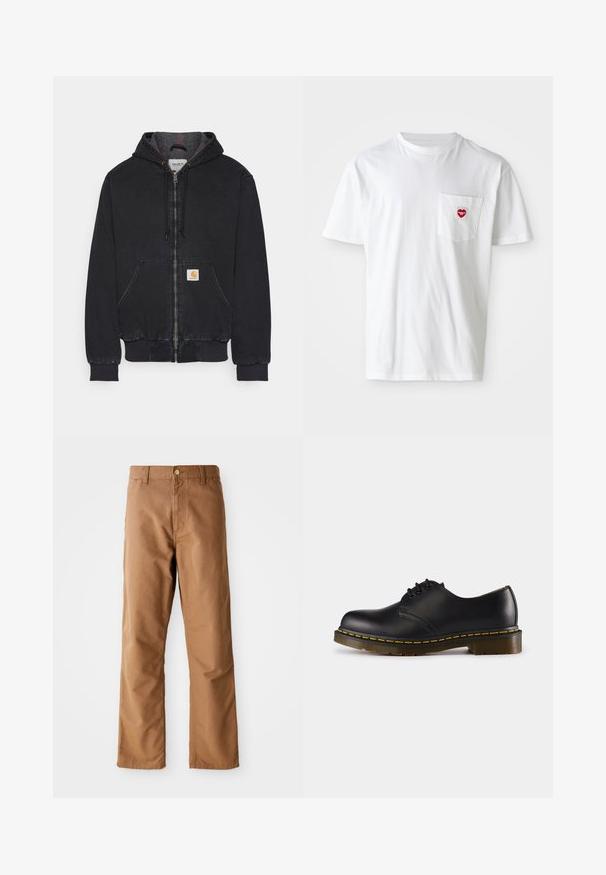 Mustade kapuutsiga teksajakk, millel on esiotse lukuga, kaks küljetaskut, ribid varrukaotsadel ja hemele, ning logo silt vasakul taskul.; Valge puuvillane T-särk ümmarguse kaelusega ja lühikeste varrukatega. Vasakul rindkere taskul on väike punane südamelogo.; Pruunid sirged püksid vööloopidega, esiküljel taskud, nupuga kinnitamine ja lukuga lend valgel taustal.; Musta nahkne saabas ümarate varvastega, nööridega kinnise disainiga, kollase õmblusega tallal ja paksu, tekstuurse kummist tallaga.