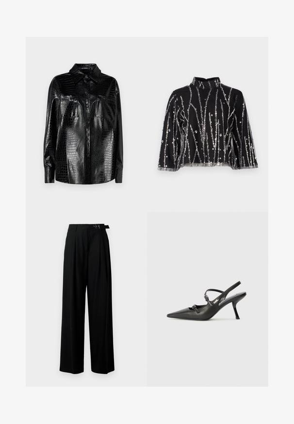 Must musta nahkade särk krokodillikarakaga, pika varrukaga, nööpide ette ja kraega. Kaks esikotti läikiva viimistlusega.; Mustmust lõhikuga must topp kõrgema kaelusega, millel on hõbedased säbrulised vertikaalsed read, läbipaistvad varrukad ja tekstureeritud kangas.; Mustad kõrge vöökohaga mustad laiad püksid, millel on ees voldid ja vöö, millel on pandla. Valmistatud siledast ja kergest kangast.; Must musta slingback kontsad, terava nina, peenike konts ja dekoratiivne pandla detail peal. Sile tekstuur ja stiilne disain.