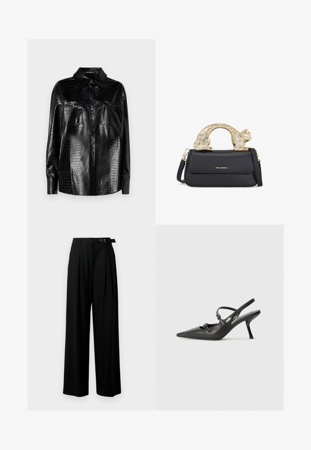 Chemise en cuir synthétique noir avec texture crocodile, manches longues, boutonnière à l'avant et col. Deux poches avant avec finition glossy.; Haut court noir à col montant, présentant des lignes verticales en sequins argentés, des manches transparentes et un tissu texturé.; Pantalons larges noirs taille haute, avec des plis à l'avant et une ceinture avec une boucle. Conçus en tissu lisse et léger.; Talons slingback en cuir noir avec un bout pointu, un talon fin et un détail de boucle décorative sur le vamp. Texture lisse et design épuré.; Sac à main en cuir noir avec une poignée en forme de chat dorée, comportant un rabat à l'avant, une bandoulière ajustable et un logo sur le bas devant.