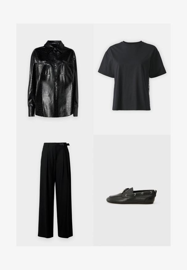 Cămașă din piele sintetică neagră, cu textură de crocodil, mâneci lungi, deschidere cu nasturi și guler. Două buzunare frontale cu finisaj lucios.; Tricou din bumbac negru cu mânecă scurtă, cu o croială lejeră și un panou lateral contrastant, având text mic și detalii de design.; Pantaloni negri cu croi larg, talie înaltă, pliuri în față și un b μέρος cu cataramă. Confecționați dintr-un material neted și ușor.; Pantofi de barcă din piele neagră, cu vârf rotund, închidere cu șireturi, cu ochiuri metalice și talpă plată. Au un mic tab de prindere în spate.