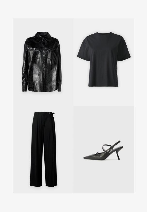 Fekete műbőr ing krokodil mintával, hosszú ujjakkal, gombos elejével és gallérral. Két elülső zseb fényes felülettel.; Fekete, rövid ujjú pamut póló, laza szabású, kontrasztos oldalsó panelekre jellemző kis szöveggel és dizájn részletekkel.; Fekete, bő szárú nadrág magas derékkal, elöl pliszírozva, és csattal ellátott övvel. Simább, könnyű anyagból készült.; Fekete bőrszíjjal ellátott magassarkú cipő, hegyes orral, karcsú sarkával és díszes csattal a vamp részén. Simás textúra és elegáns dizájn.