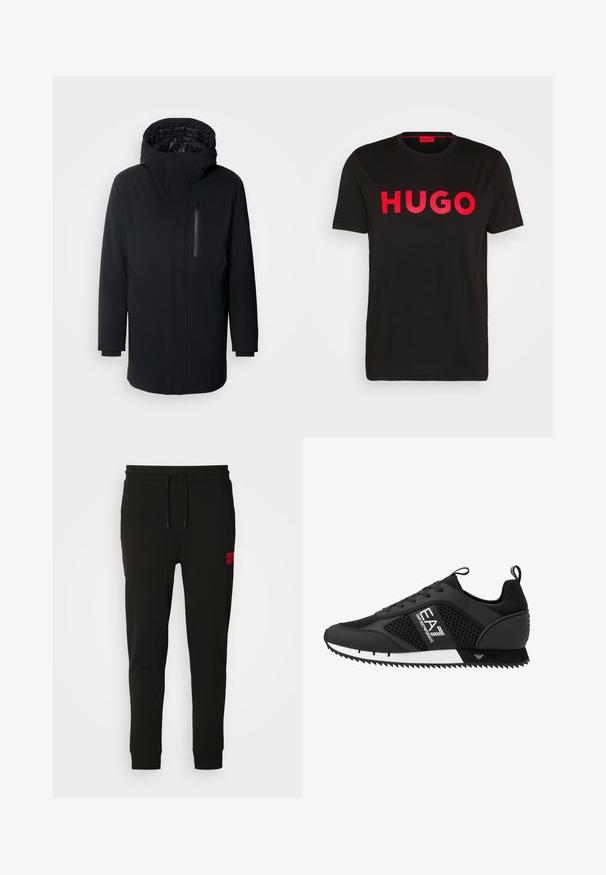 Strellson CROSS - Wintermantel - black; Zwarte katoenen T-shirt met op de voorkant gedurfde rode "HUGO" tekst, korte mouwen, ronde hals en een relaxte pasvorm.; Zwarte sweatpants van zacht stof, met een koord in de taille, een slim fit en een rood logopatch op de linker dij.; EA7 Emporio Armani Sneakers laag - black/white