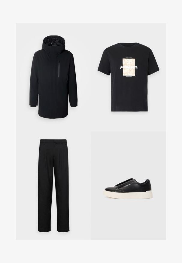 Strellson CROSS - Wintermantel - black; Zwarte katoenen T-shirt met ronde hals. Kenmerkt een beige rechthoekige grafiek en witte tekst, "JAWO," gecentreerd op de voorkant. Korte mouwen.; Zwarte broeken van gladde stof, met een recht model, twee voorknikken en een standaard tailleband met riemlussen.; Zwarte slip-on sneaker met een gestructureerde leren bovenkant, witte rubberen zool en geen zichtbare veters. Beschikt over het merkembleem aan de zijkant.