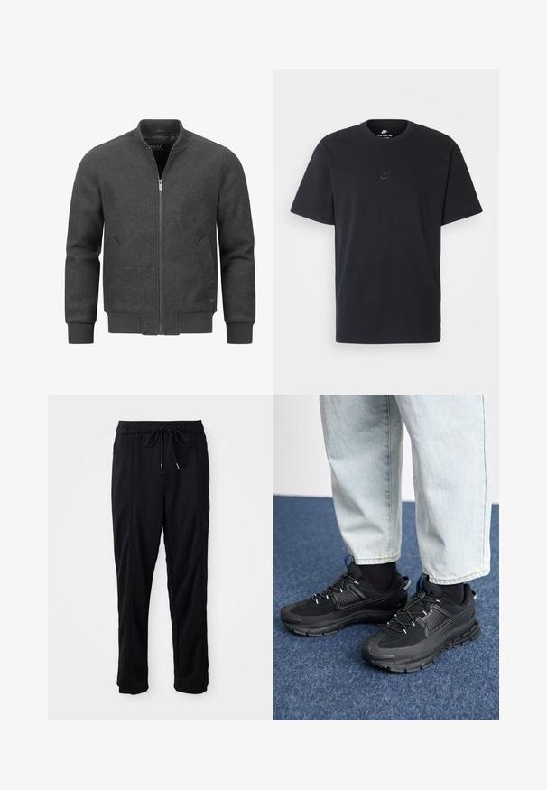 Tummanharmaa pommittaja-takki, jossa on vetoketju, uurrettu kaulus, hihansuut ja helma. Sisältää sivutaskut ja sileän kankaan tekstuurin.; Nike musta musta T-paita, jossa on klassinen pyöreä kaula-aukko, lyhyet etkä hihat sekä hillitty, kohopainettu logo rinnassa. Silkkinen rakenne.; Mustat ratkaisevat vyötäröhupparipöksyt, joissa on sivusaumapocketit ja suora lahjetyyli, tasaisella taustalla.; Mustat urheilukengät, joissa on teksturoitu kangas ja kumipohjat, elastiset nauhat ja sininen yksityiskohta kannassa. Yhdistetty vaaleisiin farkkuihin.