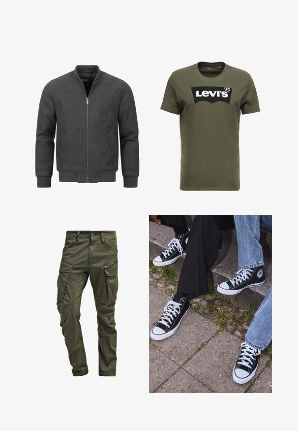Dark gray bomber jacket with a zipper, ribbed collar, cuffs, and hem. Features side pockets and a smooth fabric texture.; Olive green cotton t-shirt featuring a large black Levi's logo on the front. Classic crewneck and short sleeves, smooth texture.; Olive green cargo pants made from sturdy cotton. Features multiple pockets, a zippered side pocket, and tapered legs with a slightly textured finish.; Black high-top canvas sneakers with white rubber soles and laces, featuring a circular logo on the side and paired with denim and black pants.