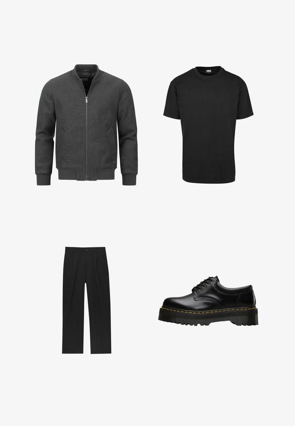 Dunkelgraue Bomberjacke mit Reißverschluss, geripptem Kragen, Bündchen und Saum. Verfügt über Seitentaschen und eine glatte Stoffstruktur.; Schwarzes Baumwoll-T-Shirt mit Rundhalsausschnitt, kurzen Ärmeln und geradem Saum. Glatte Textur; schlichtes, ungeschmücktes Design.; Schwarze Hose mit geradem Schnitt, aus einem glatten Stoff gefertigt. Verfügt über Vorderfalten und einen einzelnen Knopfverschluss an der Taille.; Schwarzer Leder-Schnürschuh mit einer dicken, gezahnten Gummisohle in Schwarz und gelben Nähten entlang der Kante, mit einer glatten Verarbeitung.