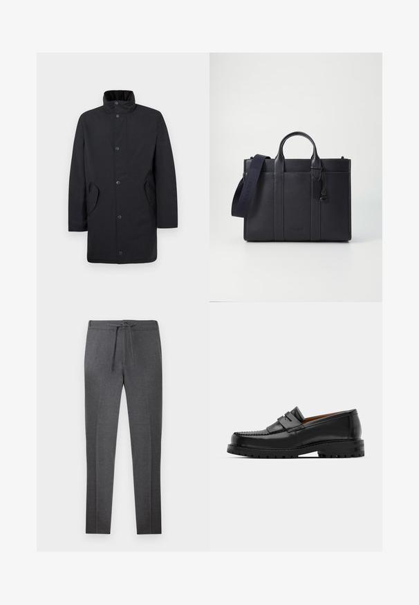 Casaco preto com colarinho alto, botões dianteiros e bolsos laterais. Apresenta um corte reto e textura suave para um visual aerodinâmico.; Pulôver de gola alta preto, feito de material suave, com mangas longas e ajuste justo. Acabamento canelado na barra e punhos. Design simples.; Calças ajustadas de tom cinza escuro com cintura elástica e cordão, apresentando pregas discretas na parte da frente.; Os mocassins de couro preto apresentam uma costura elevada, duas tiras decorativas na parte superior e uma sola grossa e texturizada para maior aderência.; Pasta de couro azul-marinho escura com alças superiores duplas e uma alça destacável. Apresenta um acabamento texturizado, costura vertical e detalhe do logotipo.
