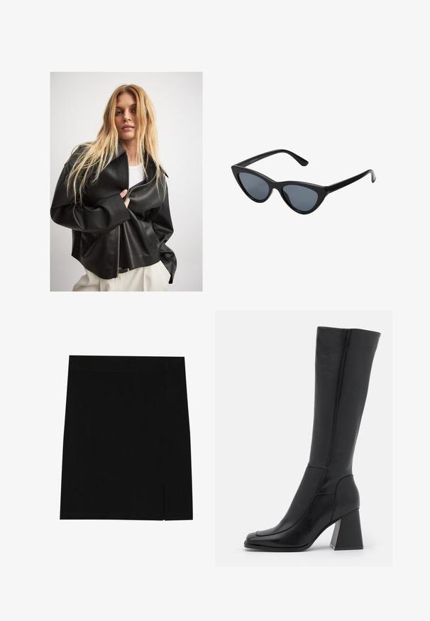 Čierna umelá kožená bunda so zipsom, širokým golierom a objemnými rukávmi, položená na bielom topu, na svetlom pozadí.; Olivovo zelený pletený sveter s okrúhlym výstrihom, dlhými rukávmi a rebrovaným lemom. Vyznačuje sa skráteným strihom s jemným, textúrovaným povrchom.; Čierna mini sukňa vyrobená z mäkkej tkaniny s priliehavým dizajnom, s jemným rozparkom na boku pre pridanie detailu.; Čierne kožené čižmy po kolená s obdĺžnikovým špičkou, hladkou textúrou, zúženým dizajnom a masívnym blokovým opätkom. Obsahujú detaily švov.; Čierne slnečné okuliare v štýle mačacích očí s tmavošedými sklami, elegantným plastovým rámom, špicatými rohmi a rovnými stranami. Bez viditeľného hardvéru alebo akcentov.