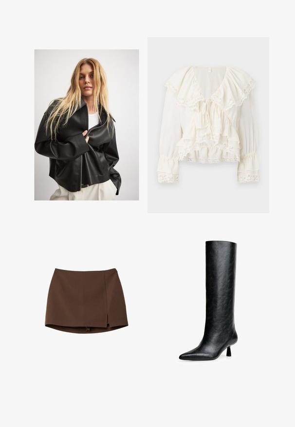 Czarna kurtka z sztucznej skóry z zapięciem na zamek, szerokim kołnierzem i obszerne rękawy, nałożona na biały top, na jasnym tle.; Biała bluzka z warstwowym, falbaniastym wzorem, koronkowym wykończeniem na rękawach i u dołu oraz dekoltem w kształcie litery V z regulowanym sznurkiem.; Brązowa mini spódnica wykonana z gładkiej tkaniny, z przednim rozcięciem, czystymi liniami i dopasowanym fasonem. Bez kieszeni i wyróżniających się elementów metalowych.; Czarne, wysokie botki do kolan wykonane z fakturowanej skóry. Mają spiczasty nosek i mały, rozszerzający się obcas. Elegancki, gładki design z minimalnymi akcentami.