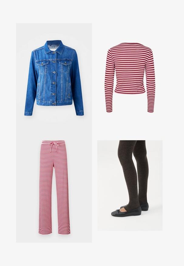 Blue denim jacket with a collar, front button closure, two chest pockets, and side pockets. Features contrast stitching and a slightly fitted shape.; Pieces PCLAYA - Cardigan - goji berry; White off-the-shoulder top with ruffled accents, gathered texture, and an elasticized waistband. Made from soft cotton fabric.; Red and white striped, loose-fit pants with a drawstring waist and ribbed texture. Straight leg design extends to ankle length.; Black flat shoes with a small bow detail at the toe, paired with dark brown ribbed tights. Shoes have a smooth texture and low profile.