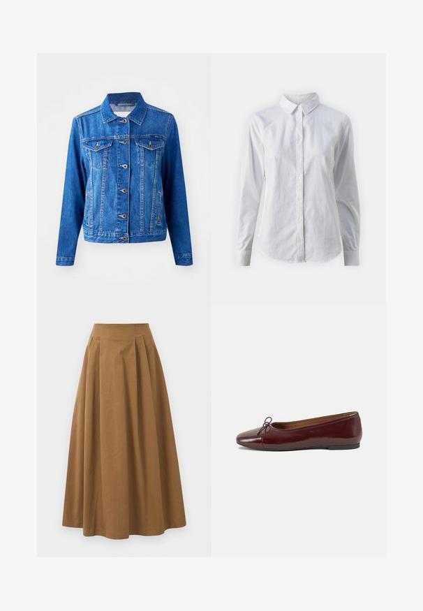 Sininen farkkutakki, jossa on kaulus, etunappisuljenta, kaksi rintataskua ja sivutaskut. Ominaisuuksiin kuuluu kontrastivärinen ompelu ja hieman muotoiltu malli.; Valkoinen napitettava paita, joka on valmistettu sileästä puuvillasta. Paidassa on klassinen kaulus, pitkät hihat ja kaareva helma. Nappien koko on pieni ja ne ovat valkoiset.; Ruskea puuvillainen A-linjainen hame korkealla vyötäröllä, jossa on laskokset edessä ja sileä pinta. Helma on viimeistelty siististi ja yksinkertaisesti.; Burgundin värinen lakattu nahkainen ballerinatossu pyöreällä varvaskärjellä, pienen nauhan yksityiskohdalla edessä ja matalalla mustalla kumipohjalla. Sujuva pinta.