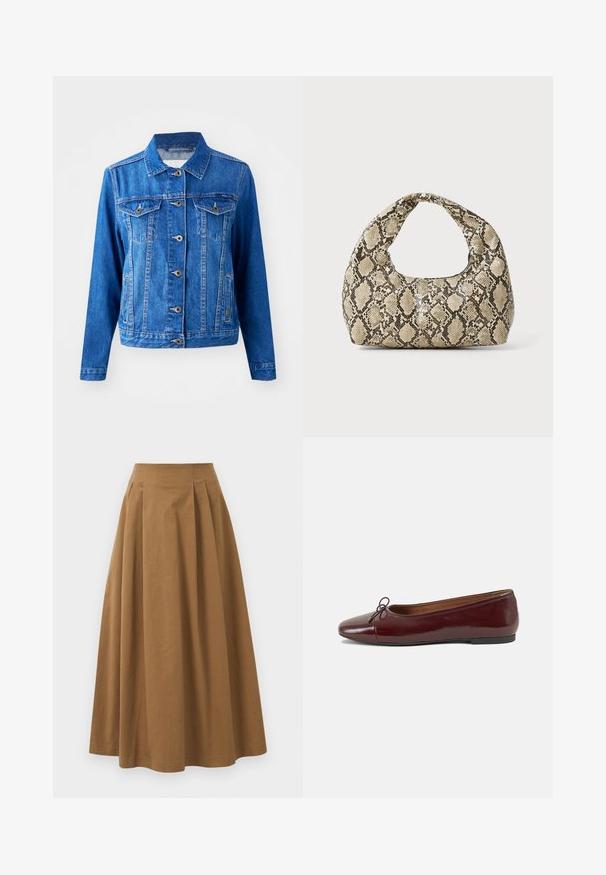 Sininen farkkutakki, jossa on kaulus, etunappisuljenta, kaksi rintataskua ja sivutaskut. Ominaisuuksiin kuuluu kontrastivärinen ompelu ja hieman muotoiltu malli.; Valkoinen napitettava paita, joka on valmistettu sileästä puuvillasta. Paidassa on klassinen kaulus, pitkät hihat ja kaareva helma. Nappien koko on pieni ja ne ovat valkoiset.; Ruskea puuvillainen A-linjainen hame korkealla vyötäröllä, jossa on laskokset edessä ja sileä pinta. Helma on viimeistelty siististi ja yksinkertaisesti.; Burgundin värinen lakattu nahkainen ballerinatossu pyöreällä varvaskärjellä, pienen nauhan yksityiskohdalla edessä ja matalalla mustalla kumipohjalla. Sujuva pinta.; Käärmeennahkakuosiset käsilaukku, jossa on kaareva kahva. Tehty teksturoiduista beigeistä ja ruskeista materiaaleista, joissa on erottuva timanttikuvio.