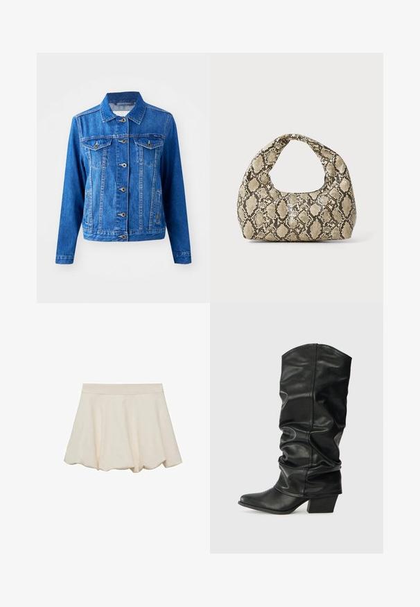 Blå denimjacka med krage, framknappstängning, två bröstfickor och sidfickor. Har kontrasterande sömmar och en något figursydd form.; Stickad linne i beige med öppet vävdesign. Har en vågig kant, ett blommönster som är stickat i tyget och är ärmlös.; Krämfärgad kjol med en mjuk och slät textur, utsvängd design och en scalloped fåll. Har ett brett, elastisk midjeband för komfort.; Svarta läderknähöga stövlar med en slapp design, spetsig tå och kraftig klack, med en mjuk yta och minimal sömnad.; Väskan i ormtryck har ett böjt handtag. Den är tillverkad av strukturerade, beige och bruna material och har ett distinkt diamantsmönster.