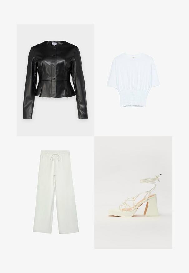 Črna usnjena kratka jakna z okroglo izrezom, gumbnimi zap closures, dolgimi rokavi in peplum robovnimi podrobnostmi. Gladka tekstura, minimalističen dizajn.; Bela majica s kratkimi rokavi sproščenega kroja in z gubanim materialom na pasu. Narejena iz mehkega, lahkega blaga.; Bele široke hlače iz mehkega blaga. Imajo elastičen pas s vrvico in gladko teksturo. Brez vidnih vzorcev ali kovinskih delov.; Bela sandala na visokih petah s debelim petam, ki ima obliko trakcev in vezanje okoli gležnja. Gladka tekstura z platformo spredaj za dodatno višino.