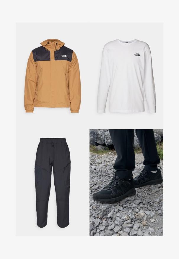 The North Face M ANTORA JACKET - Giacca hard shell - utility brown/black; T-shirt bianco a maniche lunghe in cotone con colletto rotondo. Presenta un piccolo logo nero sul petto. Texture liscia, vestibilità regolare.; Pantaloni cargo neri realizzati in un materiale leggero e resistente all'acqua; presentano una vita elastica, diverse tasche con zip e gambe affusolate.; Scarpe da esterni nere realizzate in mesh e materiale sintetico, con una parte superiore testurizzata, un sistema di allacciatura sicuro e una suola robusta, su terreno roccioso.