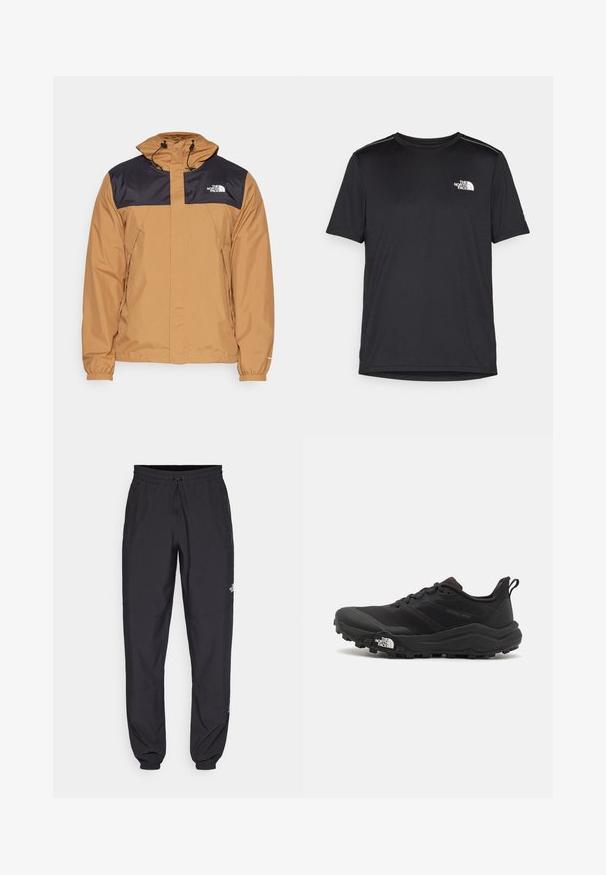 The North Face M ANTORA JACKET - Cieta auduma jaka - utility brown/black; Melnas īsām piedurknēm T-kreklas, izgatavots no viegla auduma. Uz kreisā krūtīm ir neliels balts logo un smalki plecu akcenti.; Melni sporta bikses, kas izgatavotas no viegla auduma, ar savelcamu jostu, sānu kabatām un sašaurinātiem apakšējiem galiem pie potītēm.; Melnas taku skriešanas kurpes ar teksturētu virsu, gumijas zoli un pastiprinātu pirkstu daļu. Aprīkotas ar mīkstu apkakli un vilkšanas cilpu, lai viegli uzvilktu.
