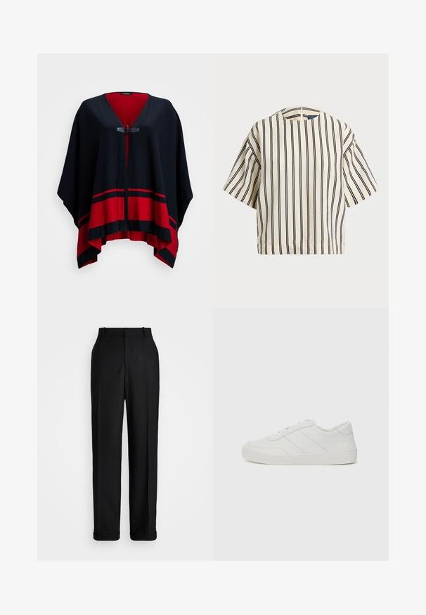 Adīta pončo tumši zilā krāsā ar sarkaniem akcentiem. Tam ir V-veida kakla izgriezums, rāvējslēdzēja priekšējā aizdare un svītraina apakšmalas apdare. Mīksta, teksturēta auduma.; Kreklus, svītrainā blūze ar īsām piedurknēm, krēmkrāsā un tumši zilā tonī, ar apaļu apkakli un kvadrātveida dizainu, izgatavota no teksturētas auduma.; Polo Ralph Lauren HIGH RISE RELAXED STRAIGHT TROUSER - Auduma bikses - black; Baltās ādas apavi ar plakaniem auklām, noapaļotu purngali un smalkiem šuvju elementiem. Iezīmēts ar teksturētu zoli un iespiestu zīmola logo uz papēža.