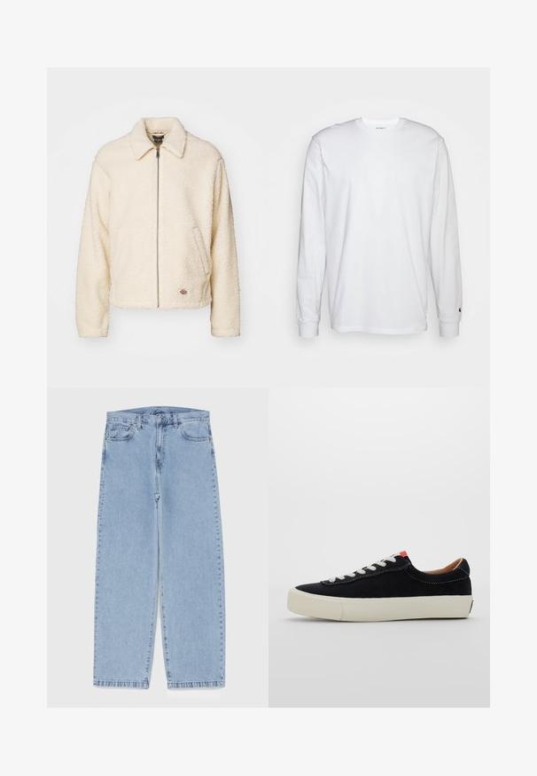 Giacca in sherpa fleece color crema con zip completa, colletto, tasche laterali e piccolo logo ricamato vicino all'orlo.; T-shirt bianca a maniche lunghe realizzata in cotone. Design con collo rotondo, polsini a costine e un piccolo logo sulla manica sinistra. Texture liscia.; Jeans in denim azzurro chiaro con design a gamba dritta, caratterizzati da una vita media, cinque tasche e chiusura con bottone e zip.; Sneaker in tessuto nero con lacci bianchi, suola in gomma beige e dettaglio rosso sul tallone. Punta arrotondata e minimo dettaglio di cucitura.